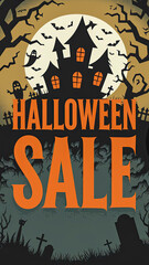 Vertical Sales Poster. Haunted house silhouette with glowing windows, bats flying in front of a full moon, "Halloween Sale" text in bold orange letters, eerie trees and gravestones in the foreground.