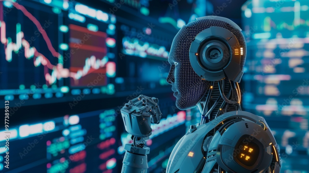 Poster ai in business, fintech. face of artificial intelligence with mind looking at trading charts informa