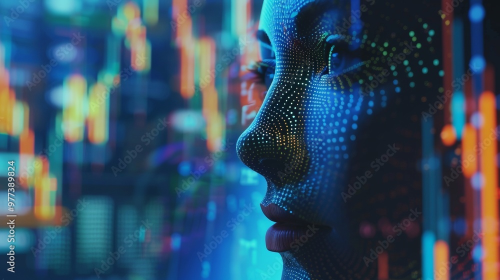 Poster ai in business, fintech. face of artificial intelligence with mind looking at trading charts informa