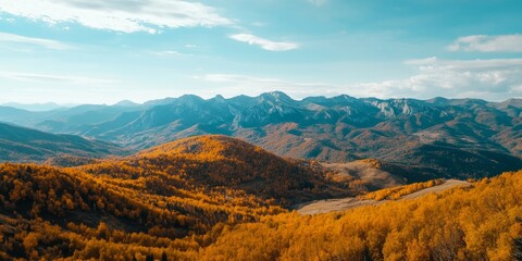 Aerial view of vibrant autumn mountains with golden trees and clear blue skies