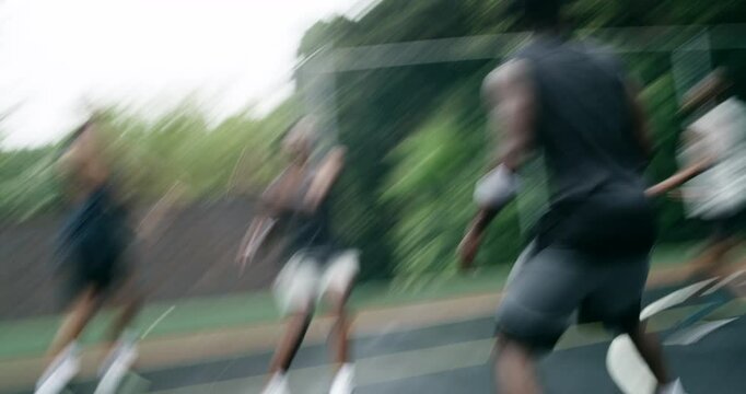 Basketball players training for game, sports team playing ball on basketball court and friends with energy during sport competition. Men playing for health and exercise and trying to score goal