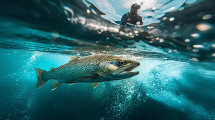 Underwater view of a large trout in the river and a fisherman in boat above the water. Water surface dividing the screen. Summer fishing on the sea bay.
