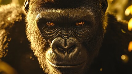 A close-up of a gorilla in its natural habitat, with intense, intelligent eyes looking directly into the camera