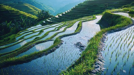 Naklejka premium Vibrant Terraced Rice Paddy Field with Lush Green Landscape and Reflection