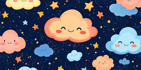 Cute cartoon stars and clouds with smiling faces