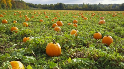 Expansive field of pumpkins ready for harvest during the autumn season