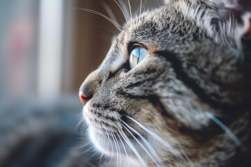 cat face close-up looking out the window, side view
