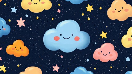Cute cartoon stars and clouds with smiling faces