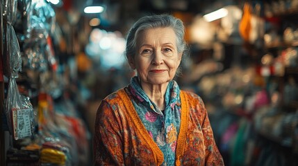 Fototapeta premium vibrant scene of a senior woman in a retail store exploring product selection and enjoying the interaction with staff in a pleasant shopping environment