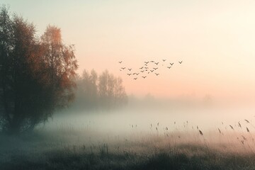 Fototapeta premium Misty autumn morning at sunrise with birds flying over foggy trees and grasses