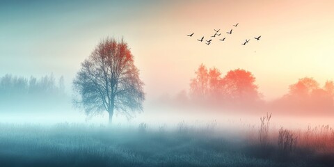 Misty autumn morning with birds flying over fog-covered trees at sunrise