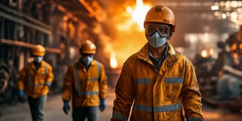 Fototapeta premium Close-up of a firefighter in full protective gear and mask, ready for emergency response, with blurred colleagues in the background.
