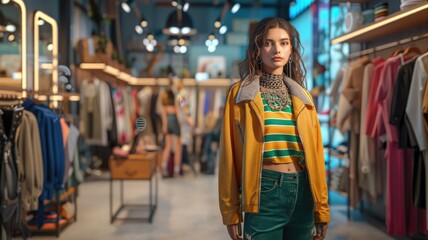 A fashion model in a stylish studio with an AI assistant as a digital stylist suggesting outfits and accessories. Clothing racks and mirrors in background. AIG60