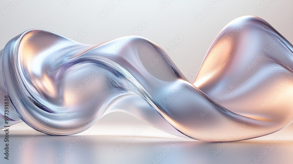 Poster twisting abstract ribbons of translucent material forming a fluid 3d wave.
