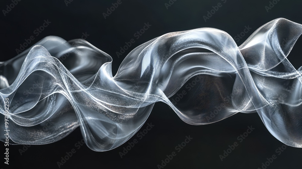 Poster twisting abstract ribbons of translucent material forming a fluid 3d wave.