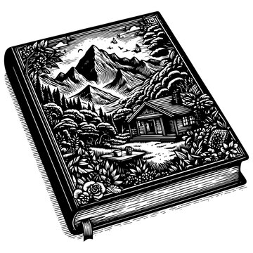 Illustrative book cover with mountain cabin and nature scene. Raster, generative ai.