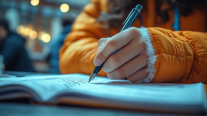 A detailed close-up shot of a human hand holding a pen, writing on paper. For education, students, writing skills and holding pen concepts.
