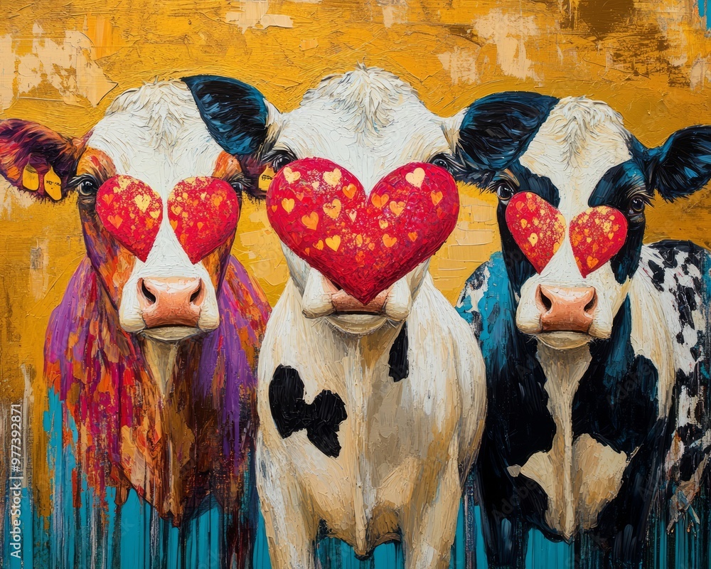 Wall mural Three colorful cows with heart-shaped eyes on a vibrant background.