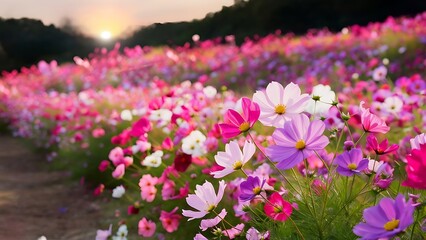 Obraz premium Soft And select Focus,A colorful field of Cosmos Flower is planted for visitors to visit the Cosmos Flower in the winter and the Cosmos Field. Flower is also the meeting of couples on Valentine's Day.