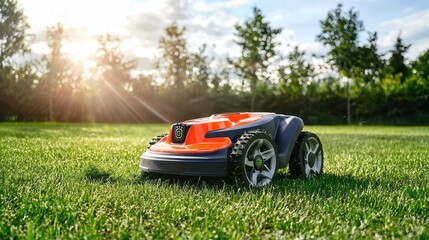 A small robot is sitting on the grass in a park