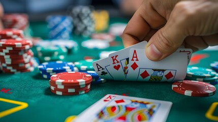 Revealing the River Card: The dealer revealing the river card in a poker game, chips and cards in play. 
