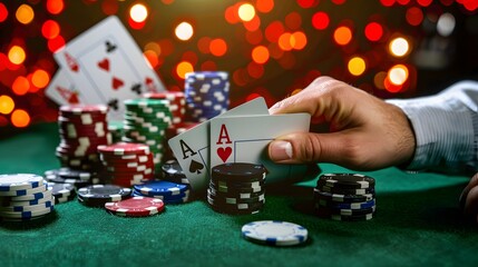 Revealing the River Card: The dealer revealing the river card in a poker game, chips and cards in play. 
