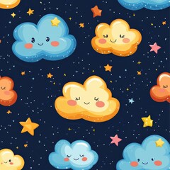 Cute cartoon stars and clouds with smiling faces