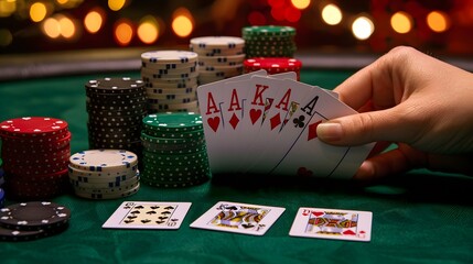 Revealing the River Card: The dealer revealing the river card in a poker game, chips and cards in play. 
