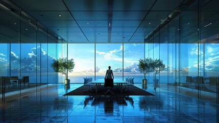Modern conference room with stunning ocean view at sunset