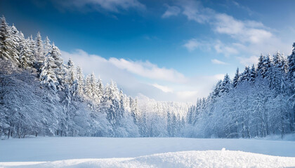 Snowy and frozen winter panorama, with snow covered forest view, nature concept