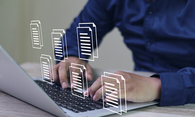 Business data management online and document system concept, Businessman use laptop search for digital documents in folders efficient storage management good planning