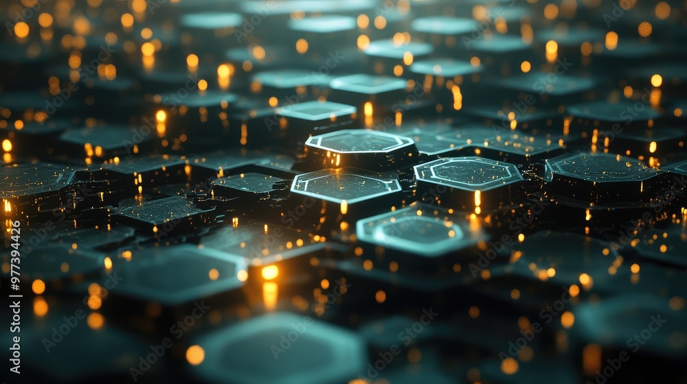 Poster a layered 3d hexagonal grid floating in space with soft glowing lights between layers.