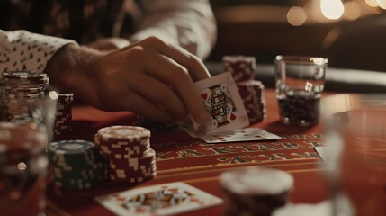 Revealing the River Card: The dealer revealing the river card in a poker game, chips and cards in play. 
