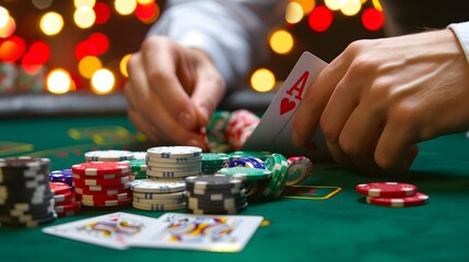 Revealing the River Card: The dealer revealing the river card in a poker game, chips and cards in play. 
