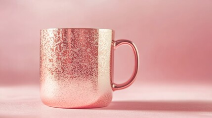 A pink gold mug with a shimmering metallic finish