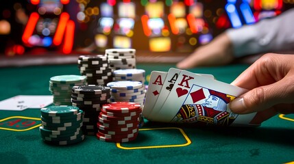 Revealing the River Card: The dealer revealing the river card in a poker game, chips and cards in play. 
