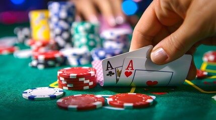 Revealing the River Card: The dealer revealing the river card in a poker game, chips and cards in play. 
