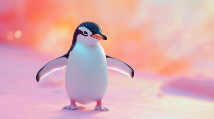 Naklejka premium A delightful 3D penguin moving across the scene, set against a soft pastel background, symbolizing the playful charm of zoo penguins