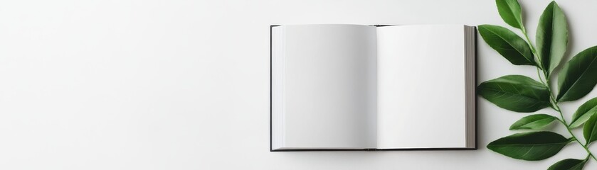 A minimalist flat lay featuring an open blank book on a clean white surface, accompanied by green leaves and soft natural lighting.