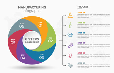 Visual data presentation. Cycle diagram with 6 options. Pie Chart Circle infographic template with 6 steps, options, parts, segments. Business concept. Editable pie chart with sectors. Single layer.