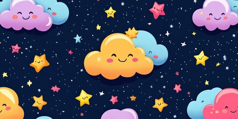 Cute cartoon stars and clouds with smiling faces
