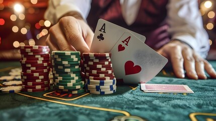 Revealing the River Card: The dealer revealing the river card in a poker game, chips and cards in play. 
