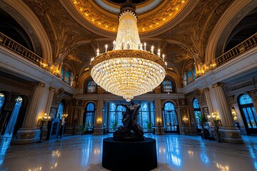 Obraz premium A chandelier sparkling in an opulent ballroom, casting soft light across the ornate room