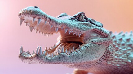 Fototapeta premium A detailed 3D crocodile with its jaws wide open, set against a pastel background, showcasing the power and history of these zoo animals