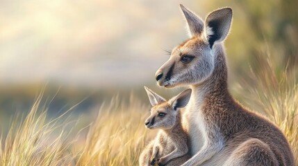 Fototapeta premium A detailed 3D kangaroo with a joey nestled in its pouch, with a soft pastel background on the right, symbolizing the beauty of Australian wildlife in zoos