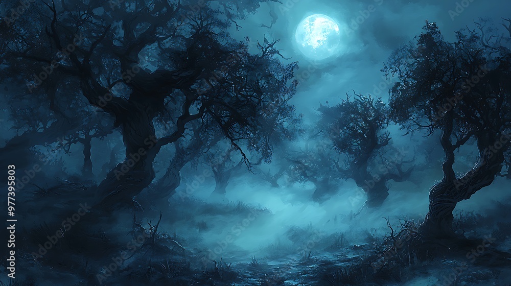 Poster a mystical forest path is illuminated by the soft glow of moonlight, creating an enchanting scene.