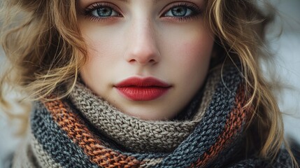 Fototapeta premium delightful portrayal of a beautiful woman with a scarf around her neck, emphasizing the beauty of accessories in fashion