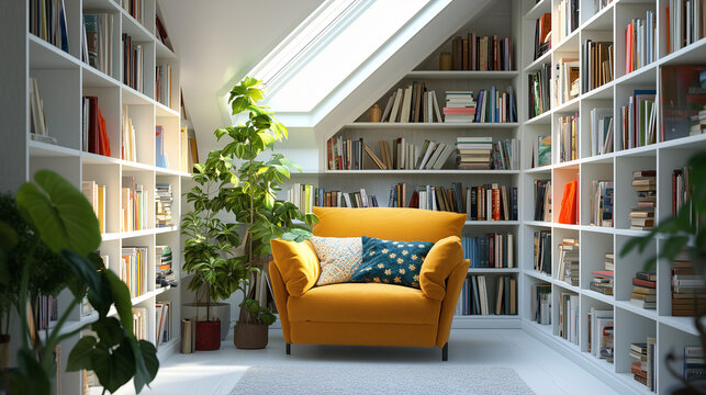 A bright, airy home library with white shelves, a colorful armchair, plants, and a skylight providing natural light