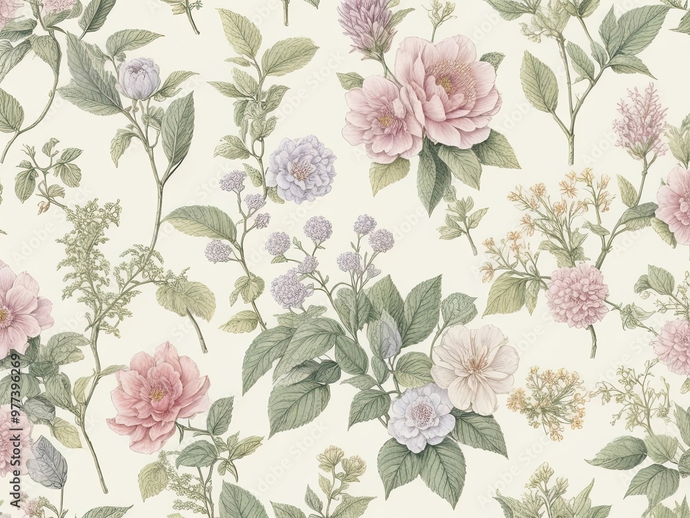 Poster background with a seamless pattern that showcases a selection of old botanical drawings with softly 