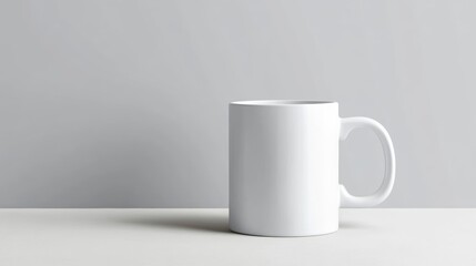 Obraz premium Modern mug mockup in a minimalist setting, clean light gray background, magazine-style photography, soft focus